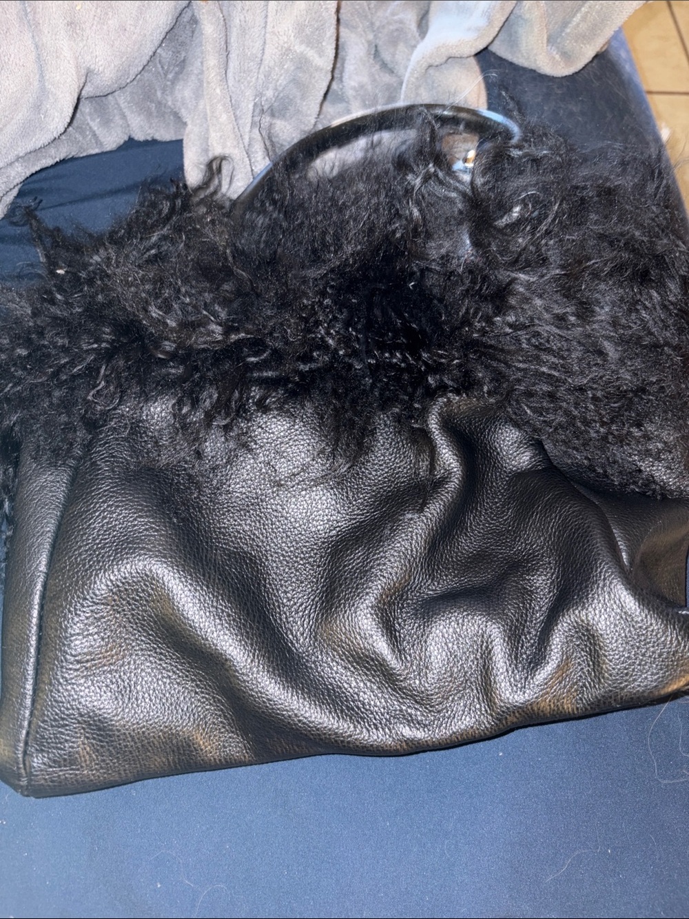 Aqua Madonna Black Leather Tote with Shearling Trim